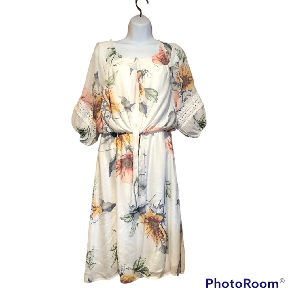 LUXOLOGY BOHO white floral Dress M Sheer Tie- crotchet sleeves -off shoulder